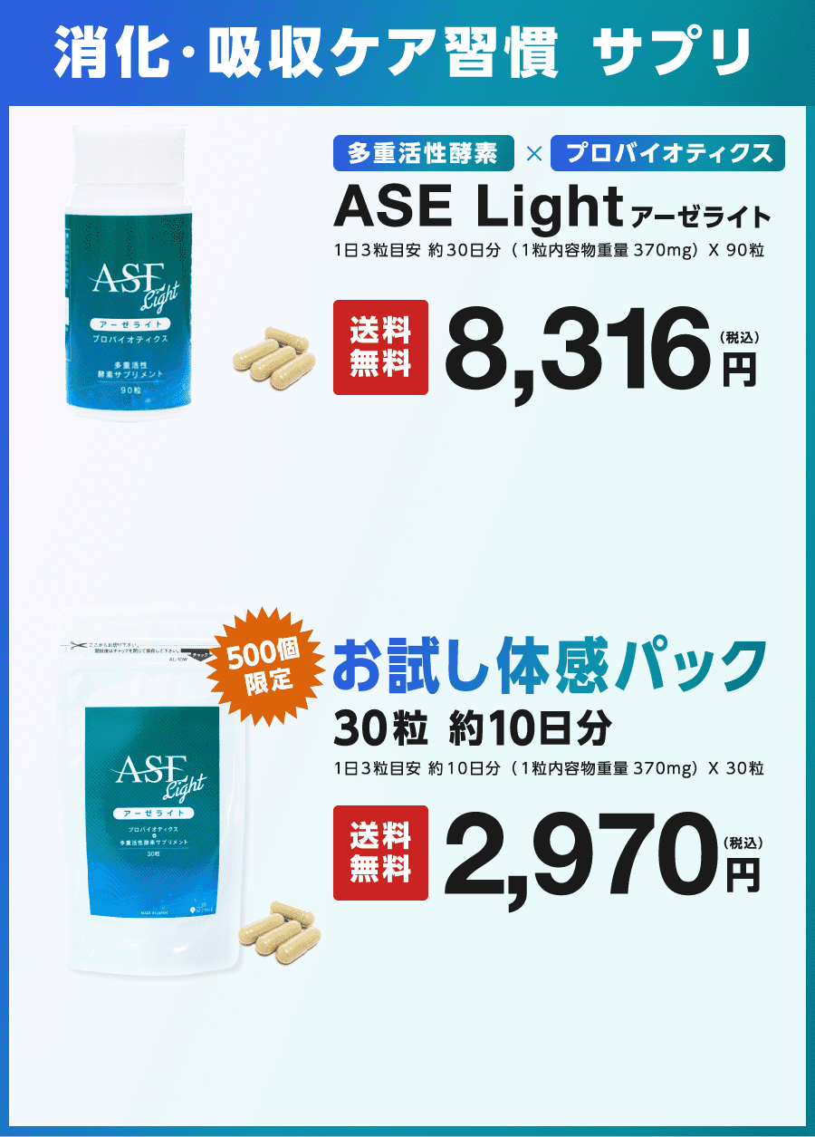 スポーツ選手向けの消化・吸収ケア習慣 サプリ。多重活性酵素×プロバイオティクス ASE Lightアーゼライト  1日3粒目安 約30日分（１粒内容物重量370mg）X 90粒